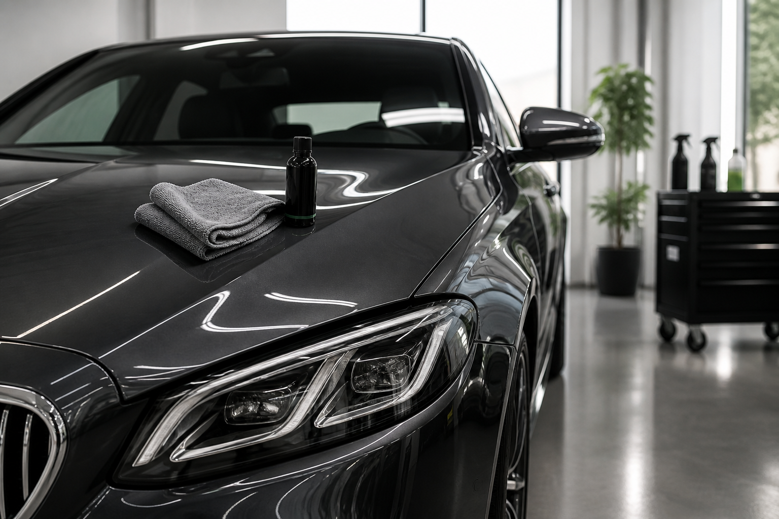 Freshly detailed graphite car in a clean detailing studio